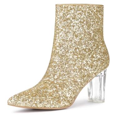 Imagem de Allegra K Botas femininas de cano curto com glitter e salto bloco transparente, Dourado, 36