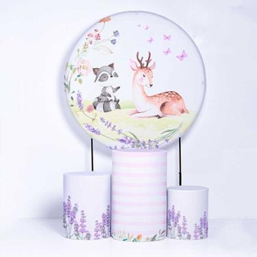 Imagem de Kit Painel de Festa Redondo de 1,30m e Trio de Cilindros Bosque - Fera Print