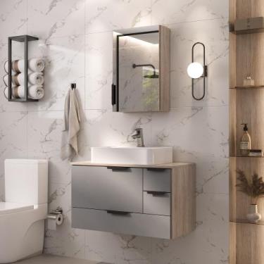 Imagem de Conjunto Gabinete Banheiro YARIS 80cm LUXO com Cuba Gigante - MOVEIS J