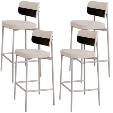 Imagem de Kit 04 Banquetas Alta Bar Cozinha Sala De Jantar Aço Branco Kaira C01 Linho Palha Courino Preto - Lyam Decor