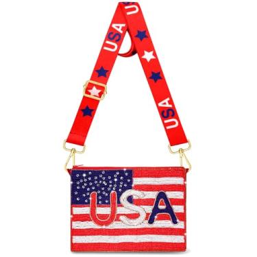 Imagem de CEALXHENY Bolsa feminina de 4 de julho com contas de lantejoulas e estrela dos EUA, bandeira americana, bolsa de ombro transversal, roupas de 4 de julho, Multicor