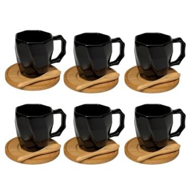 Imagem de Kit 6 Canecas de Cerâmica 120ml com Colheres e Pires de Bambu – Design Minimalista, Ideal para Café e Presentes - E-FCS Store (Preto)