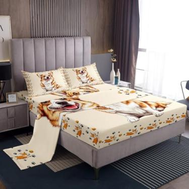 Imagem de Jogo de lençol infantil solteiro 3D Corgi 3 peças de microfibra macia desenho de cachorrinho com bolso profundo, confortável, resistente ao desbotamento, respirável para meninos e meninas