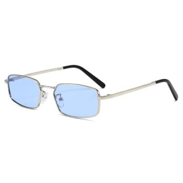 Imagem de HCPIHF Óculos de sol femininos retrô com armação retangular pequena de metal, lentes da moda, UV400, masculino, punk (tamanho único/azul prateado)