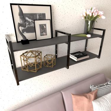 Imagem de Prateleira Industrial Sala Estar Estante Nicho Parede Mdf Suspensa Pratileira Ferro Preto
