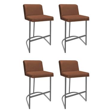 Imagem de Kit 04 Banquetas Com Encosto Noah Luxo Confort Bistrô Cozinha Ferro Cinza Suede Terracota