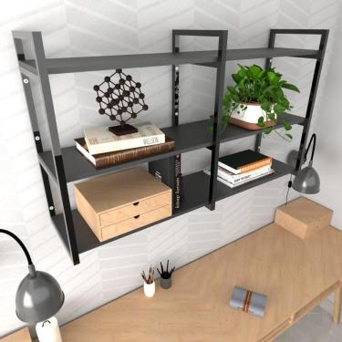 Imagem de Prateleira Industrial Moveis Escritorio Quarto Estante Infantil Plantas Preto Ferro E Madeira