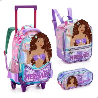 Imagem de Kit Mochila Rodinha Lancheira Estojo Escolar Sereia Morena