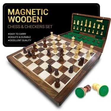 Imagem de Conjunto de tabuleiro de xadrez magnético de madeira de 30 cm com 2 rainhas extras