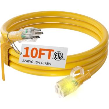 Imagem de huanchain Cabo De Extensão Externo Calibre 12/3 Para Serviços Pesados, 3 Metros, À Prova D'Água, Com Ponta Iluminada, Flexível, Resistente Ao Frio, Pinos, Elétrico Externo, 15 A, 1875 W, 12 Awg Sjtw