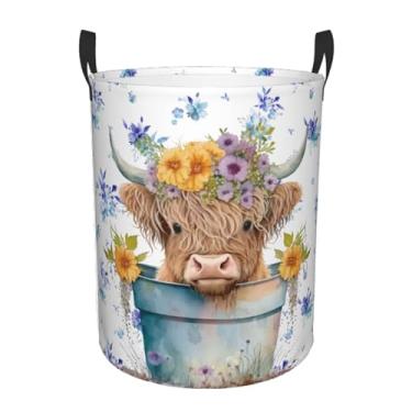 Imagem de Cesta de roupa suja de coração rosa, cesto de roupa suja para quarto, banheiro, faculdade, dormitório, berçário, organizador de brinquedos, cesta de armazenamento redonda para presentes (vaca Highland