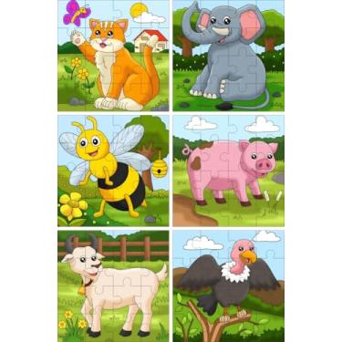 Imagem de Kit 6 Quebra-Cabeças Infantis, Animais da Fazenda e Safari, 16 Peças, 14x14 cm, para Crianças a partir de 3 Anos