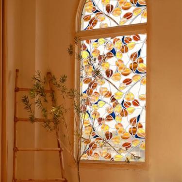 Imagem de Flortlias Película para janela de vitral com chumbo de prata sintética, translúcida dupla face original pintada à mão para janela e porta, folhas de eucalipto Boho 30 x 100 cm