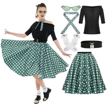 Imagem de Leadtex Roupas femininas Sock Hop, saias poodle dos anos 50, camiseta poodle, com acessórios dos anos 50, meias, cachecol e cinto (verde, G)