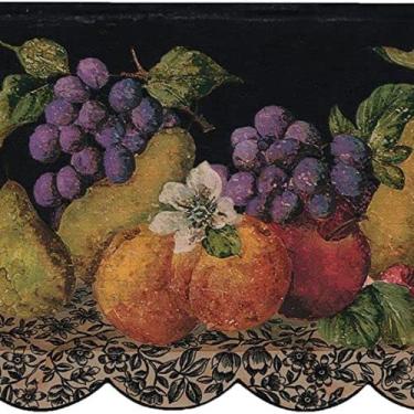 Imagem de CONCORD WALLCOVERINGS ™ Papel de parede com padrão de frutas peras uvas maçãs ameixas cerejas flores folhas para cozinha, verde preto roxo vermelho amarelo laranja, 21 cm para 3 m 5503862