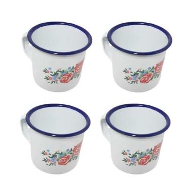 Imagem de Jogo 4 canecas esmaltada estampada 5cm café roça fazenda - YAZI, branc