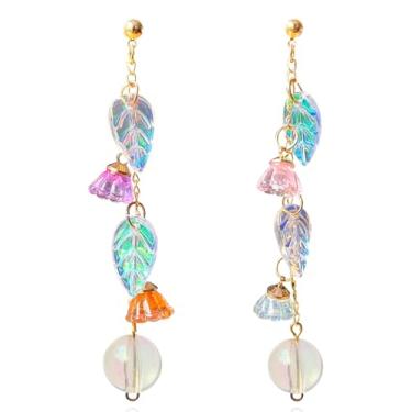 Imagem de QUPENGXU Brincos femininos pendentes de flor longa rosa para o verão, refrescante, folha de cerejeira, brincos de fada à beira-mar, brincos de férias idílicos, trumpet, Acrílico, Sem pedra preciosa