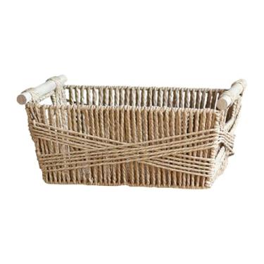 Imagem de XLWLLNJ Cesta de armazenamento de tecido, porta-chaves para lanches, alça de madeira, organizador retangular, cesta de armazenamento para café da manhã, L