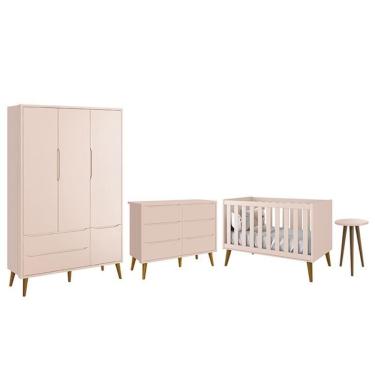 Imagem de Dormitório Completo Infantil Theo 3 Portas, Cômoda 6 Gavetas, Berço e Mesa de Canto com Pés Amadeirado - Reller Móveis Rosa Fosco