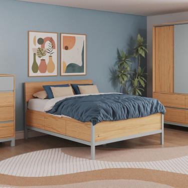 Imagem de Cama Casal Square 6 Gavetas Madeira Maciça Natural Pine e Cool Grey