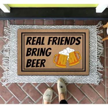 Imagem de ZHAOFLY Capacho engraçado de boas-vindas para tapete de porta da frente, tapetes de presente para decoração de casa de entrada (60 x 39,6 cm) (amigos de verdade trazem cerveja)