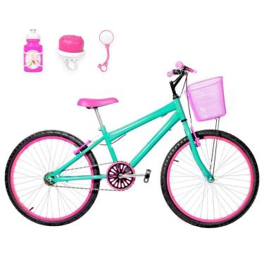 Imagem de Bicicleta Feminina Aro 24 Alumínio Colorido + Kit Passeio Cor Verde água E Pink