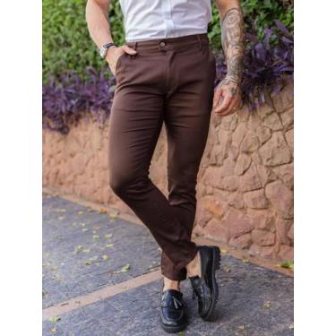 Imagem de Calça Masculina Sarja  Alfaiataria Skinny Premium Acetinada Marrom Exp