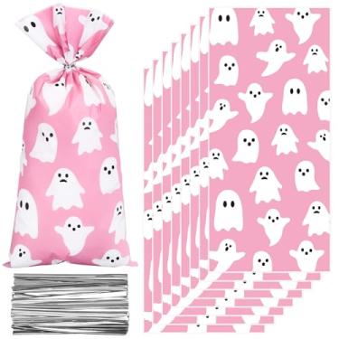 Imagem de Whaline 100 peças de bolsa de celofane de Halloween com laços torcidos prateados, fofa, rosa, fantasma, plástico, brinde, violoncelo, presente para doces ou travessuras, artigos de festa de