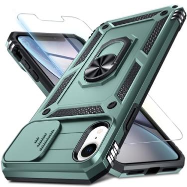 Imagem de Janmitta Capa para celular iPhone XR capa de lente de câmera deslizante embutida + protetor de tela, capa de telefone de corpo inteiro resistente à prova de choque com suporte de anel de dedo, verde
