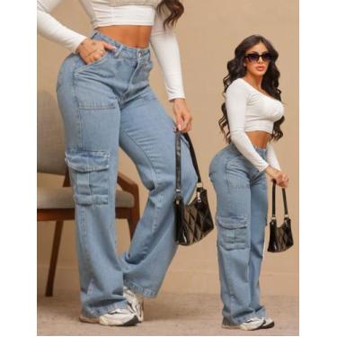 Imagem de Calça Feminina Cargo Cintura Alta Jeans Premium - Rezes Moda, Azul Cla