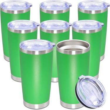 Imagem de Copo de 590 ml de aço inoxidável a granel com tampa, caneca de viagem de parede dupla isolada a vácuo, durável, revestida em pó, caneca para bebidas quentes e frias, verde, pacote com 8