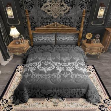 Imagem de Erosebridal Conjunto de edredom gótico King cinza escuro mariposa gótica vintage damasco boêmio para crianças e adultos, edredom com estampa floral boêmia vitoriana, 3 peças