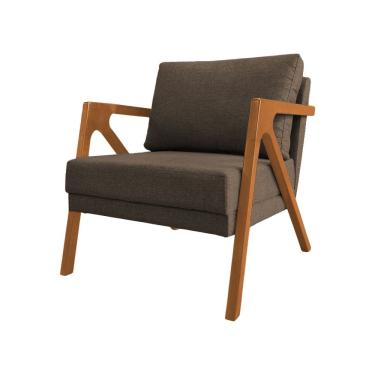 Imagem de Poltrona Decorativa Mona Luxo Base Madeira Maciça Linho Marrom