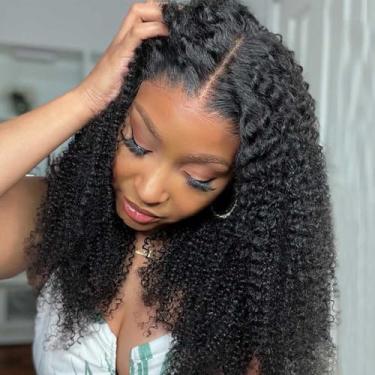 Imagem de Perucas de cabelo humano cacheado crespo afro densidade 13 x 4 perucas de cabelo humano pequenos nós pré-arrancados nós descoloridos encaracolados peruca frontal afro encaracolado com faixa preta