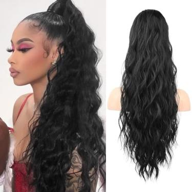 Imagem de Extensões de cabelo 100% humano real com rabo de cavalo enrolado, onda de água, pasta mágica, rabo de cavalo encaracolado profundo ondulado natural para mulheres negras (encaracolado, 56 cm)