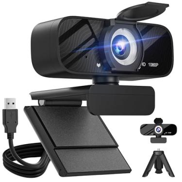 Imagem de Webcam HD 1080p com microfone, cancelamento de ruído, capa de privacidade, lente grande angular, correção automática de luz, webcam USB Plug & Play para laptop, desktop, PC, Mac, zoom, Skype