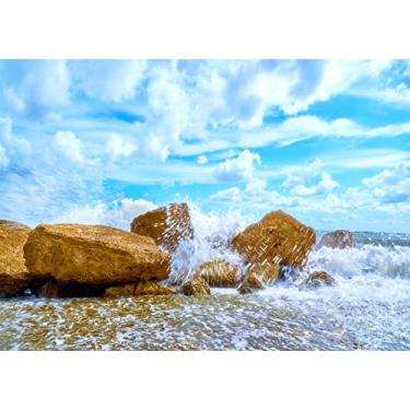 Imagem de Loccor Tecido de 2,1 x 1,5 m, pano de fundo de praia, oceano, rochas, céu, nuvens, vista para o mar, fundo de fotografia de casamento, tapeçaria de natureza, tapeçaria de bebê, aniversário, chá de