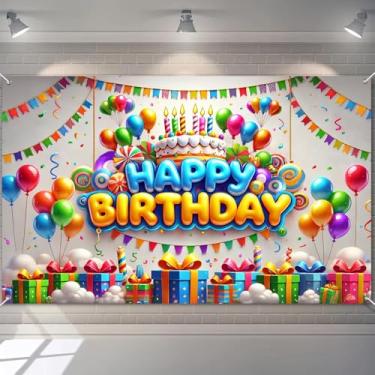 Imagem de HOMETITUTE Banner de Happy Birthday Decrations balões coloridos decoração de fundo de bolo de confete 203 x 152 cm para crianças, meninos, meninas, fotos, suprimentos de festa para meninas ou meninos