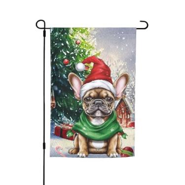 Imagem de Merry Christmas, buldogue francês, caixa de presente de árvore para cães, bandeira de jardim, 30 x 45 cm, decoração vertical dupla face, bandeira pequena para uso externo, sazonal, ao ar livre
