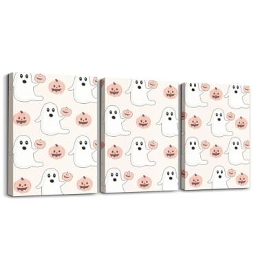 Imagem de jejeloiu Decoração de Halloween em tela emoldurada arte de parede desenho animado fantasma decoração de parede para quarto decorações de Halloween assustadoras pinturas para quarto decorações de