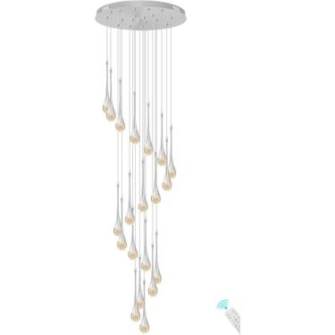 Imagem de Escada de 150 ''/381 cm de comprimento castiçais pendentes de cristal candelabros de coluna de prata clara candelabro pendente de teto alto de entrada ao Vest, prateado, prateado: 20-Lights