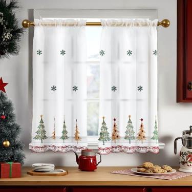 Imagem de Deconovo Cortinas de Natal para cozinha, camadas bordadas de café, tratamento semitransparente para janela com bolso de haste, filtragem de luz para pequenas janelas, portas e áreas de pia, 71 cm L x
