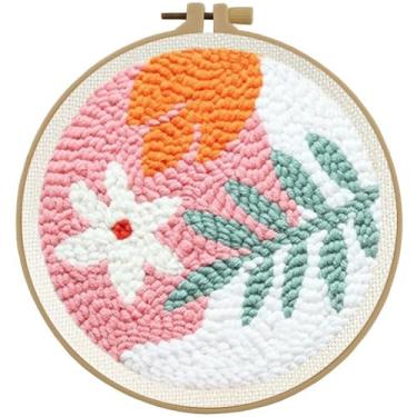 Imagem de Esffaci Kit de agulhas de punção para adultos, kit de bordado para iniciantes com padrão de flores, suprimentos de ponto de perfuração DIY com fio de tecido estampado, instruções (sem garantia de