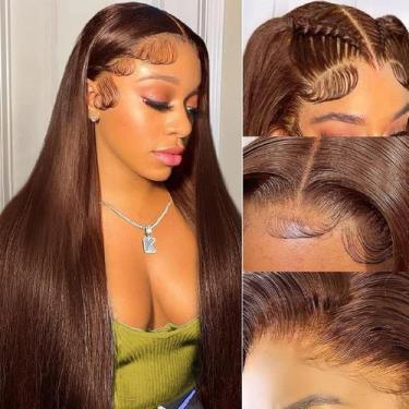 Imagem de Peruca frontal de renda rilago Brown Straight Human Hair 200% 60cm