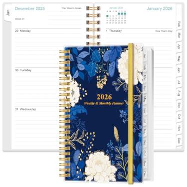 Imagem de Agenda de bolso/calendário 2026 – Agenda 2026 de janeiro de 2026 a dezembro de 2026, agenda 2025 com 12 abas, encadernação de fio duplo, bolso interno, 9,5 cm x 6,75, flor de folha azul