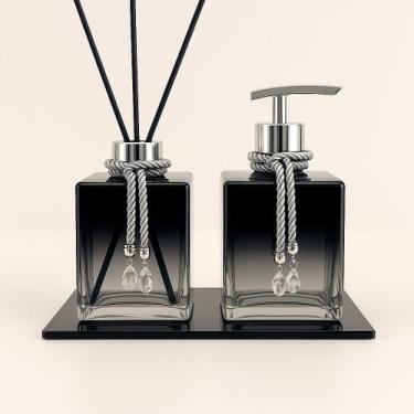 Imagem de Kit De Banheiro Lavabo Luxo Cubo De Vidro Difusor + Sabonete + Bandeja