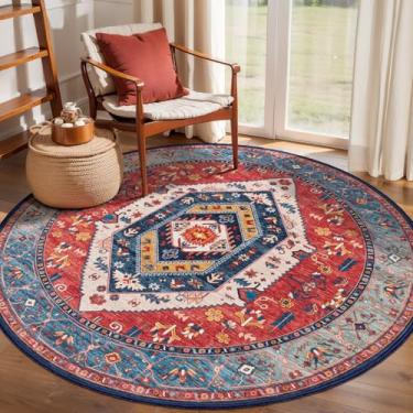 Imagem de SERISSA Tapete Boho redondo, tapete circular lavável antiderrapante de 1,2 m, ultramacio, oriental, vintage, ferrugem, pequeno, tapete circular para quarto, entrada, quarto de crianças, escritório,