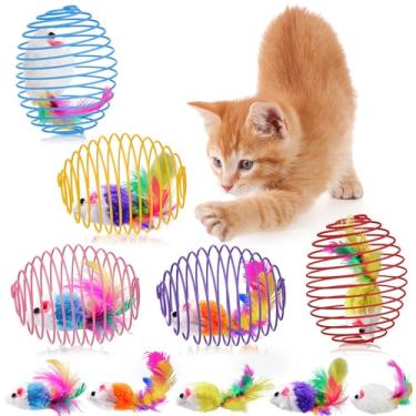 Imagem de Jecery 5 peças de bolas de mola extensíveis para gatos, rolos, bobinas coloridas e divertidas, brinquedo interativo de ação de primavera, ratos enjaulados para gatos e gatos, suprimentos para animais