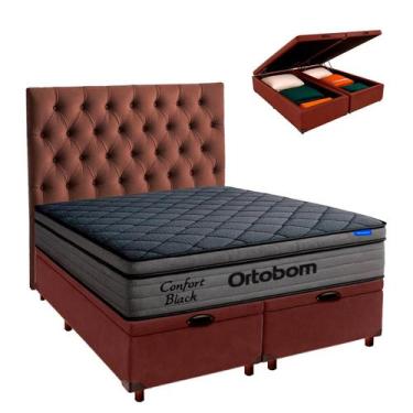 Imagem de Cama Box Bau Marrom + Cabeceira + Colchão Queen Confort Black Ortobom