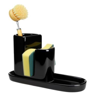 Imagem de Geelin Suporte de esponja de cerâmica 3 em 1 para pia de cozinha suporte de esponja e bandeja de sabão para organizador de cozinha suprimentos rústicos de fazenda (preto)